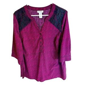 Catherines Fuchsia & Black Lace Shoulder Blouse 0X 3/4 Sleeve Plus Size Top